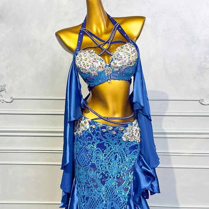 customized belly dance costume oriental dance performance dress rhinestone floating sleeve bra pearl fish tail long skirt set