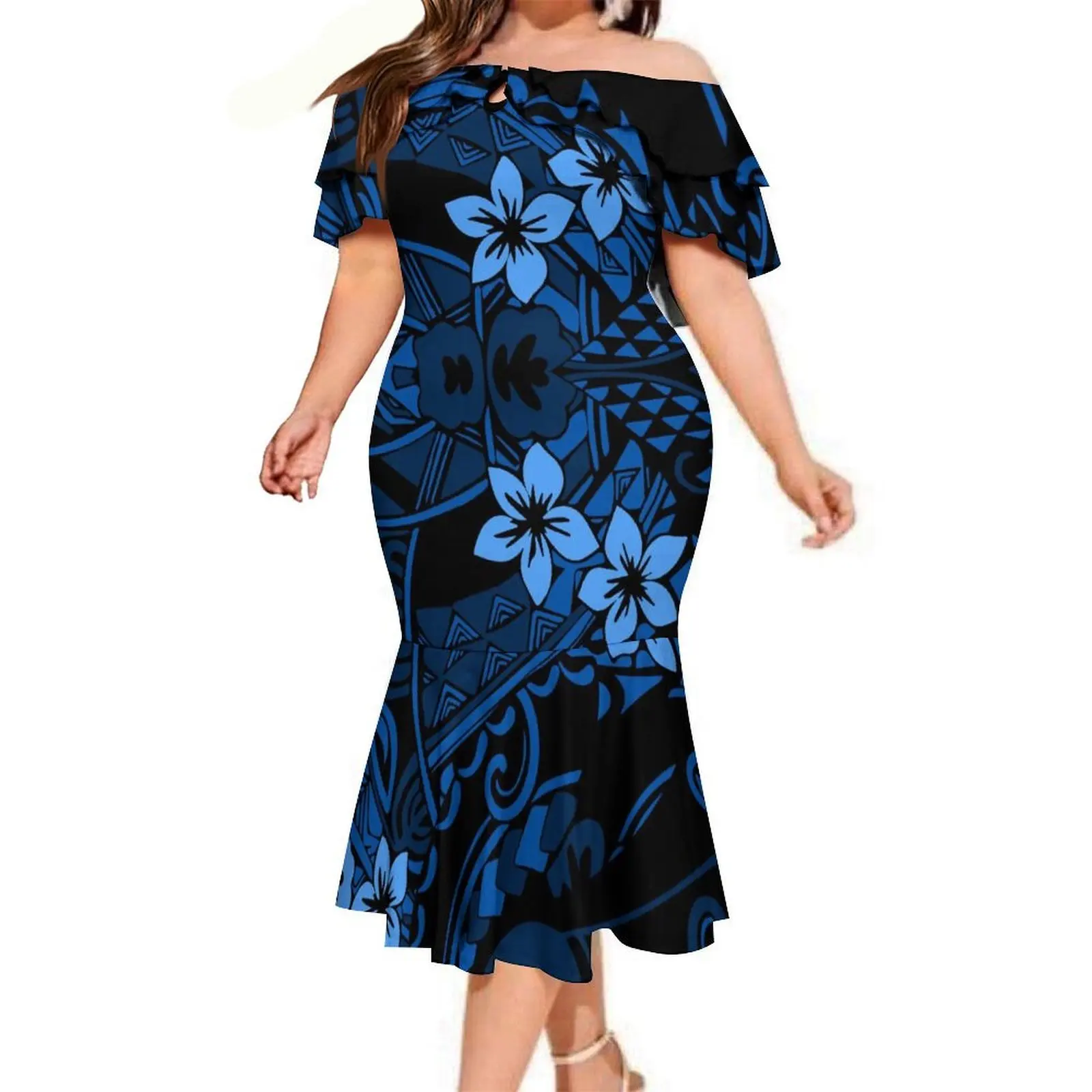 High-Quality Hawaiian Floral Print Polynesian Island Samoan Women'S Off-The-Shoulder Dress, Cocktail Party Fishtail Long Dress