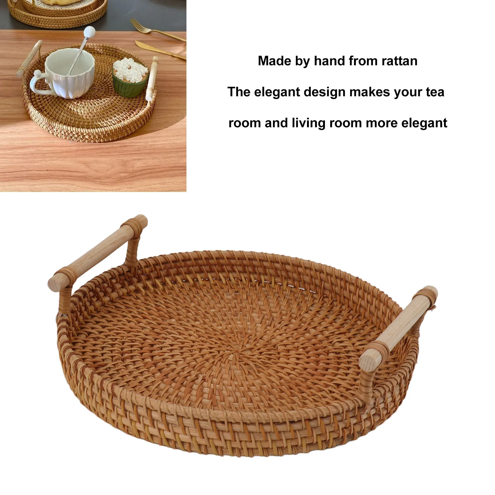 Bandeja decorativa para mesa de centro, bandeja redonda para servir de diseño tradicional con mango de madera maciza, tejida a mano, de gran capacidad para el hogar