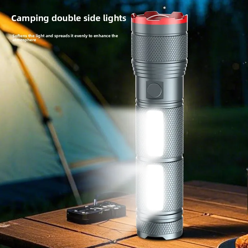 Latarka o pojemności 7200 mAh z mocnym światłem, bocznym światłem COB, do użytku na zewnątrz, na kempingu, do pracy, wykonana ze stopu aluminium, z zoomem, kolorowym wyświetlaczem cyfrowym.