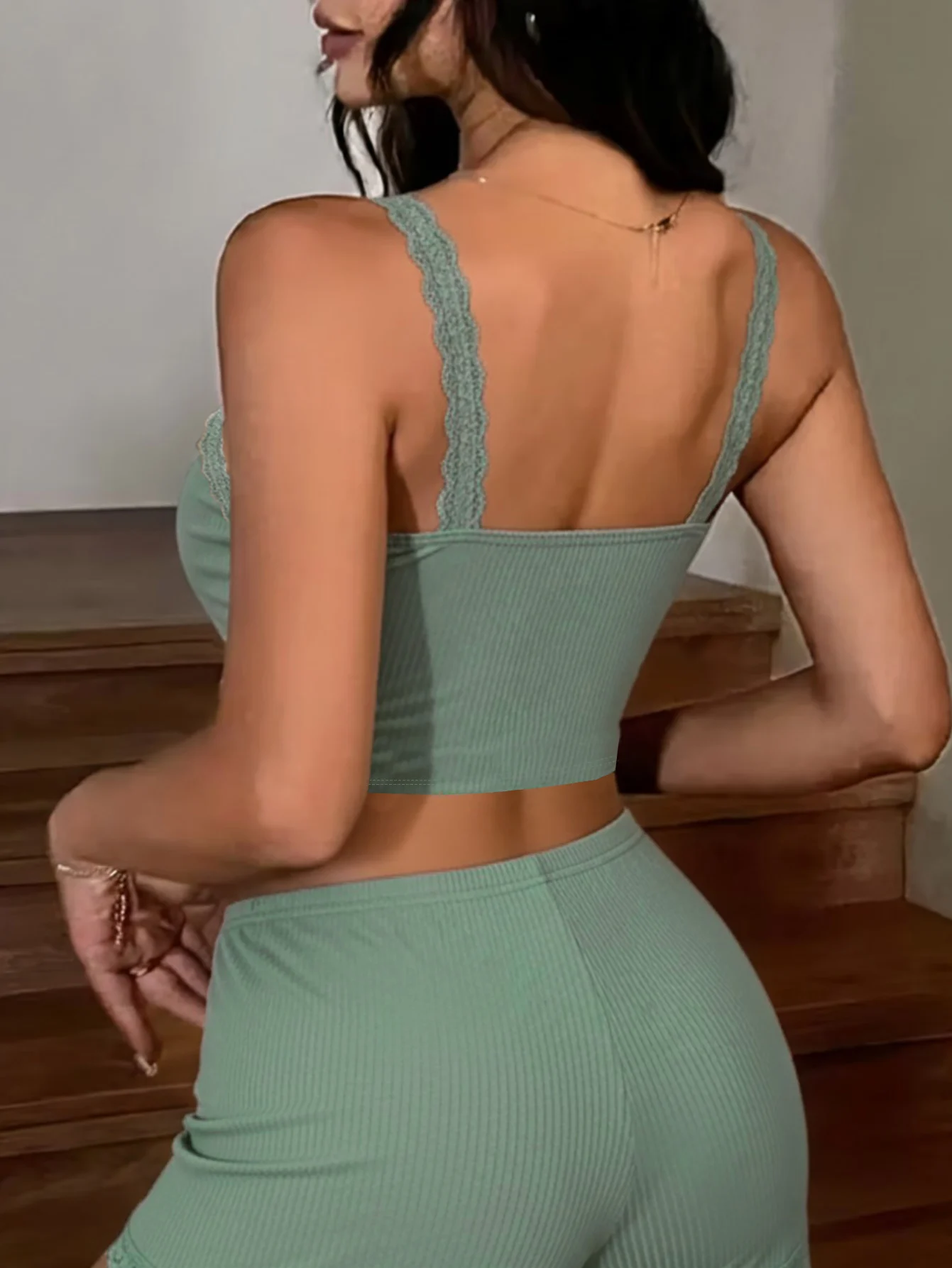 Women's Mint Green Lace Trim Cami Top & Shorts Set, Button Decor 2-Piece Loungewear, Soft Pajama Set for Nightwear & Daily Home
