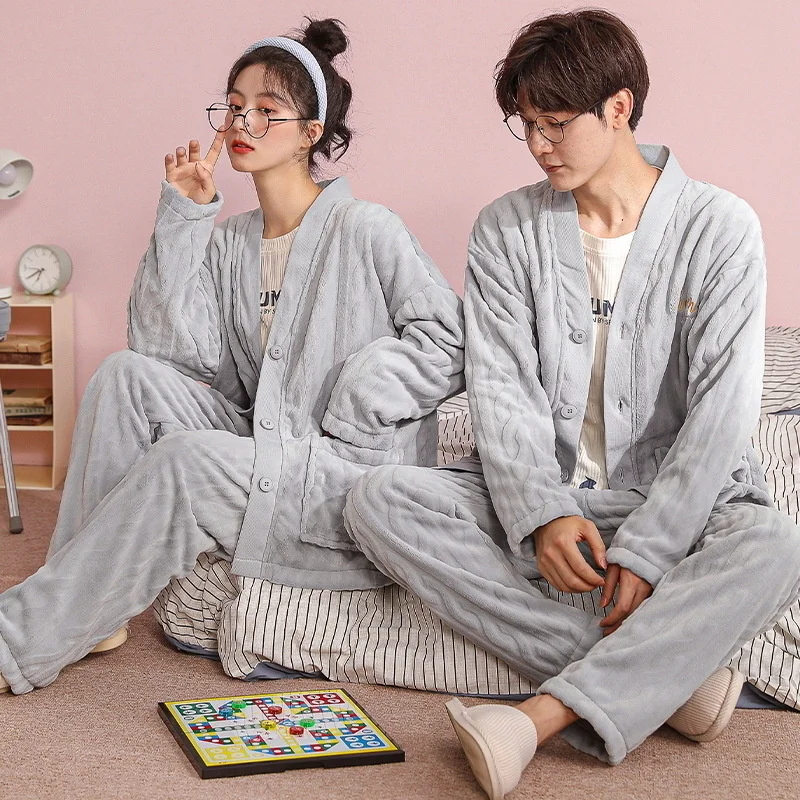 Warm V Neck Thicken Flannel Couple Winter Sleepwear Sleeping Loose Soft Korean Style Women Causal Cartoon Pajama Sets