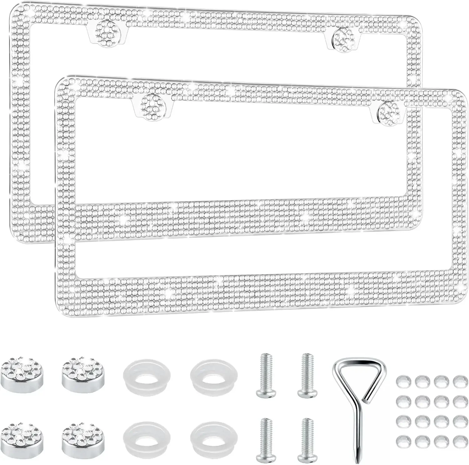 

Sparkly Rhinestone License Plate Frame for Women, 2 Pack Handcrafted Stainless Steel Car Accessories with 1000+ Faceted Glass