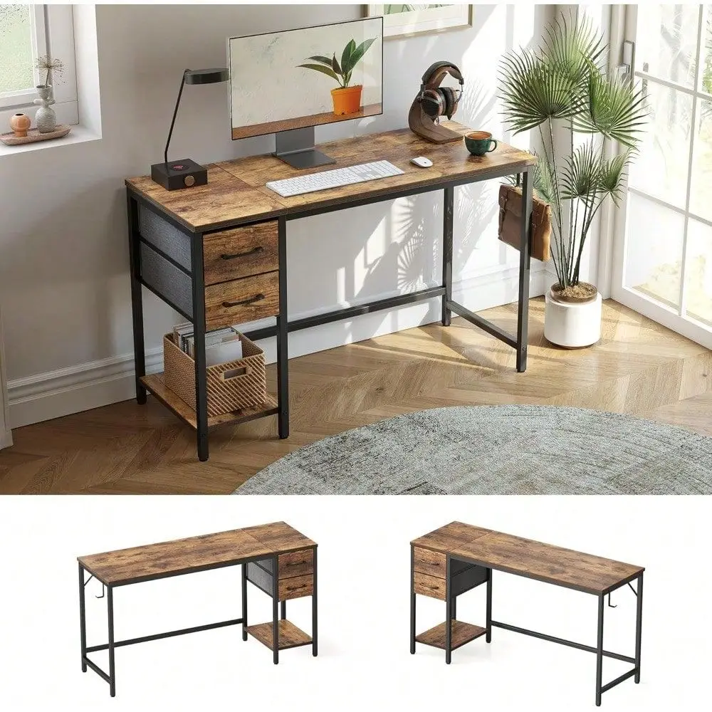 

Desk With 2 Drawers, 47 Inch Small Home Office Desk Study Writing Table, Light Brown