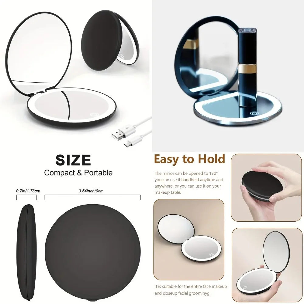 Portable LED Travel Makeup Mirror with 2X/5X Magnification, Lighted Compact Double-Sided Design, Handheld Folding Mirror for Pur