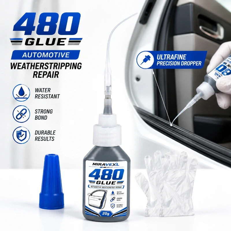 Pegamento de Reparación de Juntas de Goma 480 de 20g, Adhesivo para Burlete de Puerta, Maletero y Capó de Coche, Resistente al Agua con Fuerte Adhesión y Aplicador de Gotas