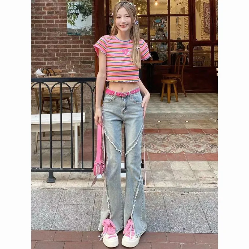 2023 Spring/Summer New Korean Edition Exquisite Design Striped T-shirt Popular Denim Pants Sweet Style Style Set Trend