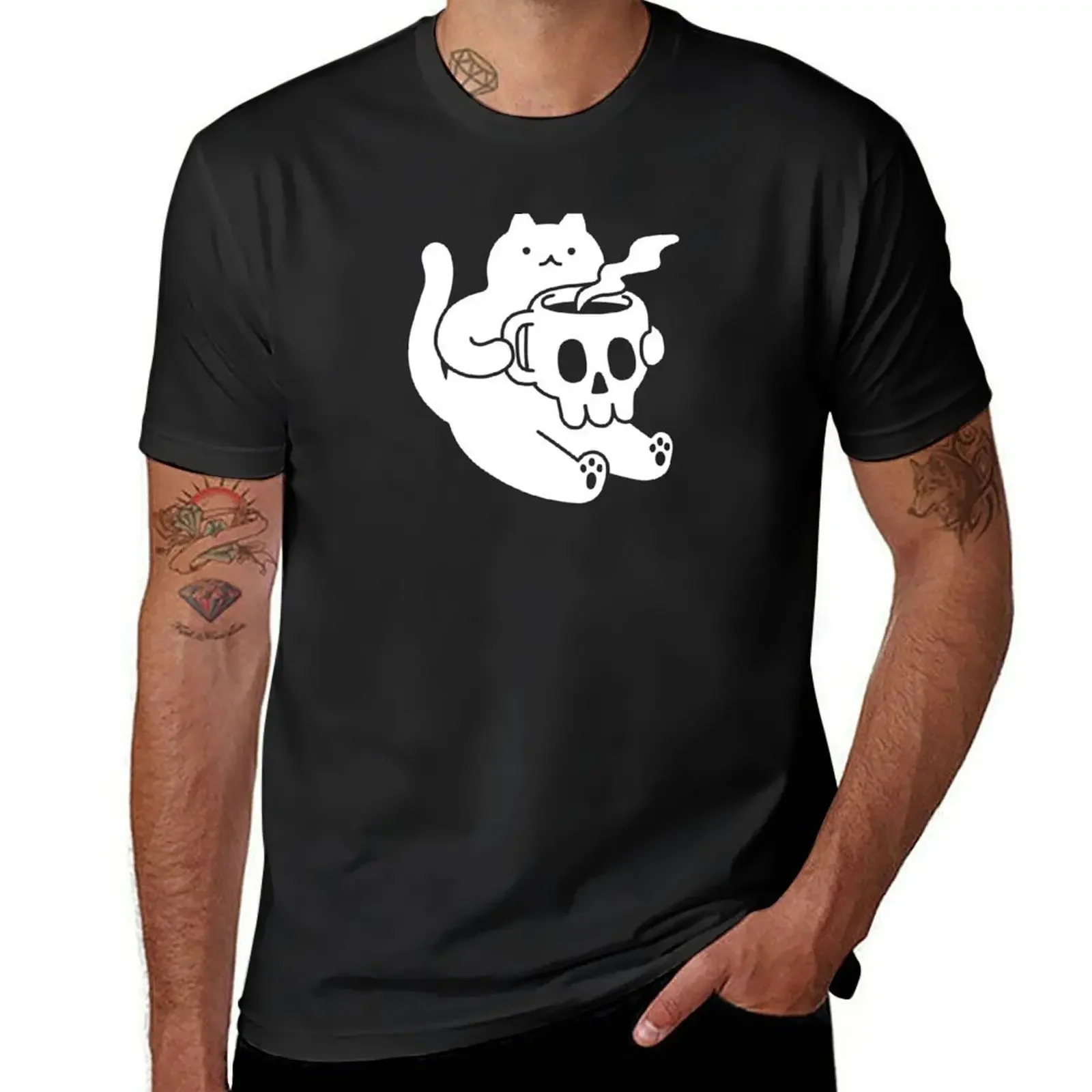 

Cat and Skull Mug T-Shirt for a boy blue archive T-shirts for men cotton