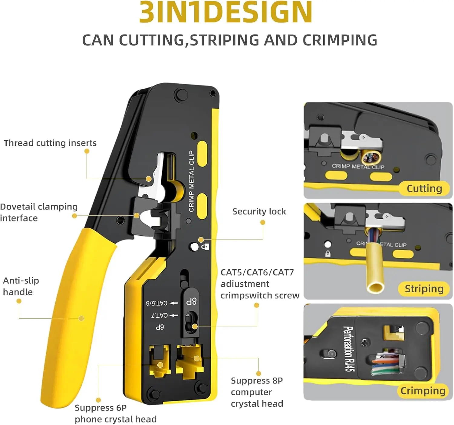 Denswire Pass Through RJ45 Crimping Tool, Stripping Taglio Crimpatura Ethernet Crimper per connettori RJ11 RJ45 Cat8/7/6A/6/5E