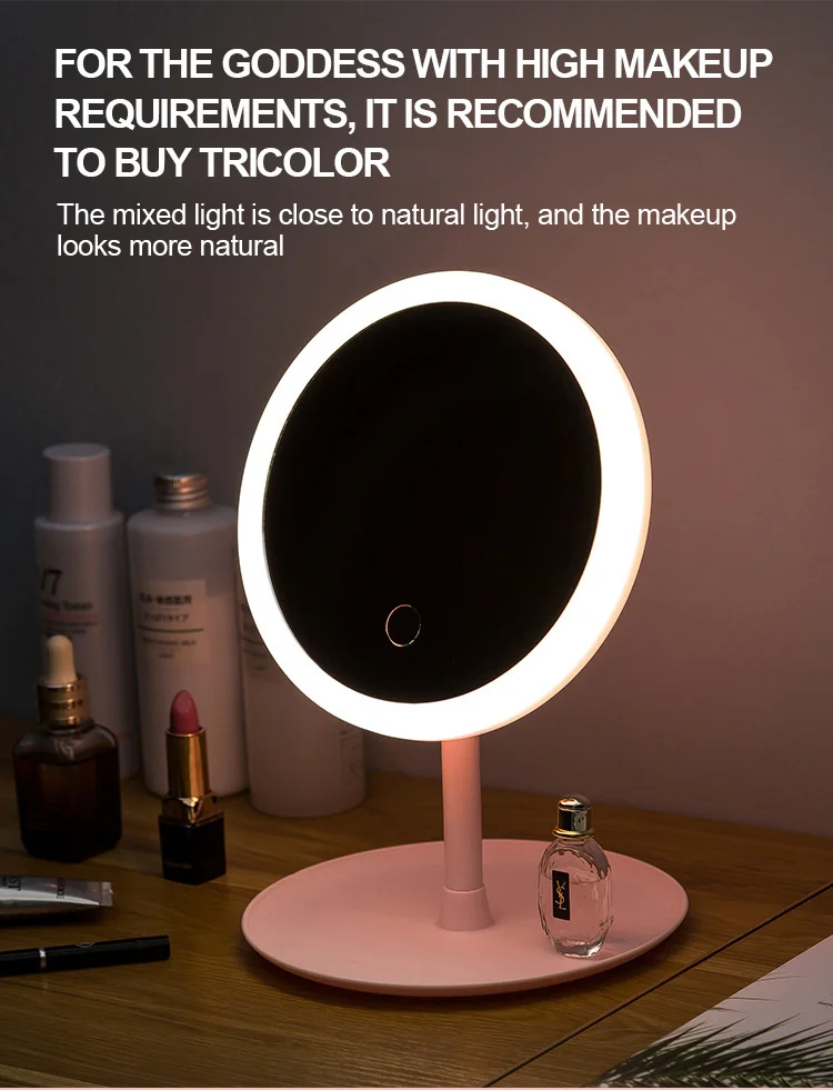 LED Makeup Mirror With Light Lamp With Storage Desktop Rotating Cosmetic Mirror Light Adjustable Dimming USB Vanity Mirror