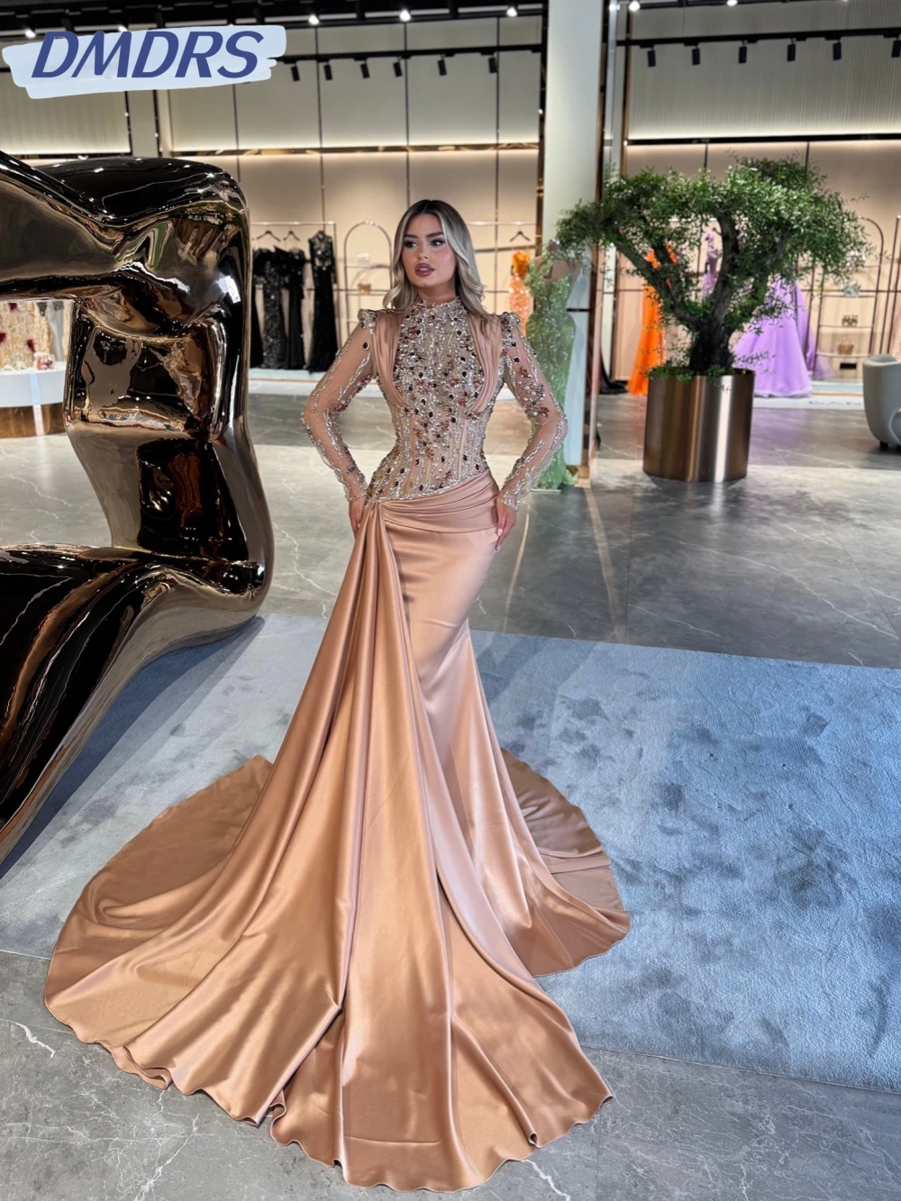 

New Arrival Shiny Crystal Evening Dress High Collar Long Sleeve Wedding Party Gown Customized Elegant Satin Prom Dresses