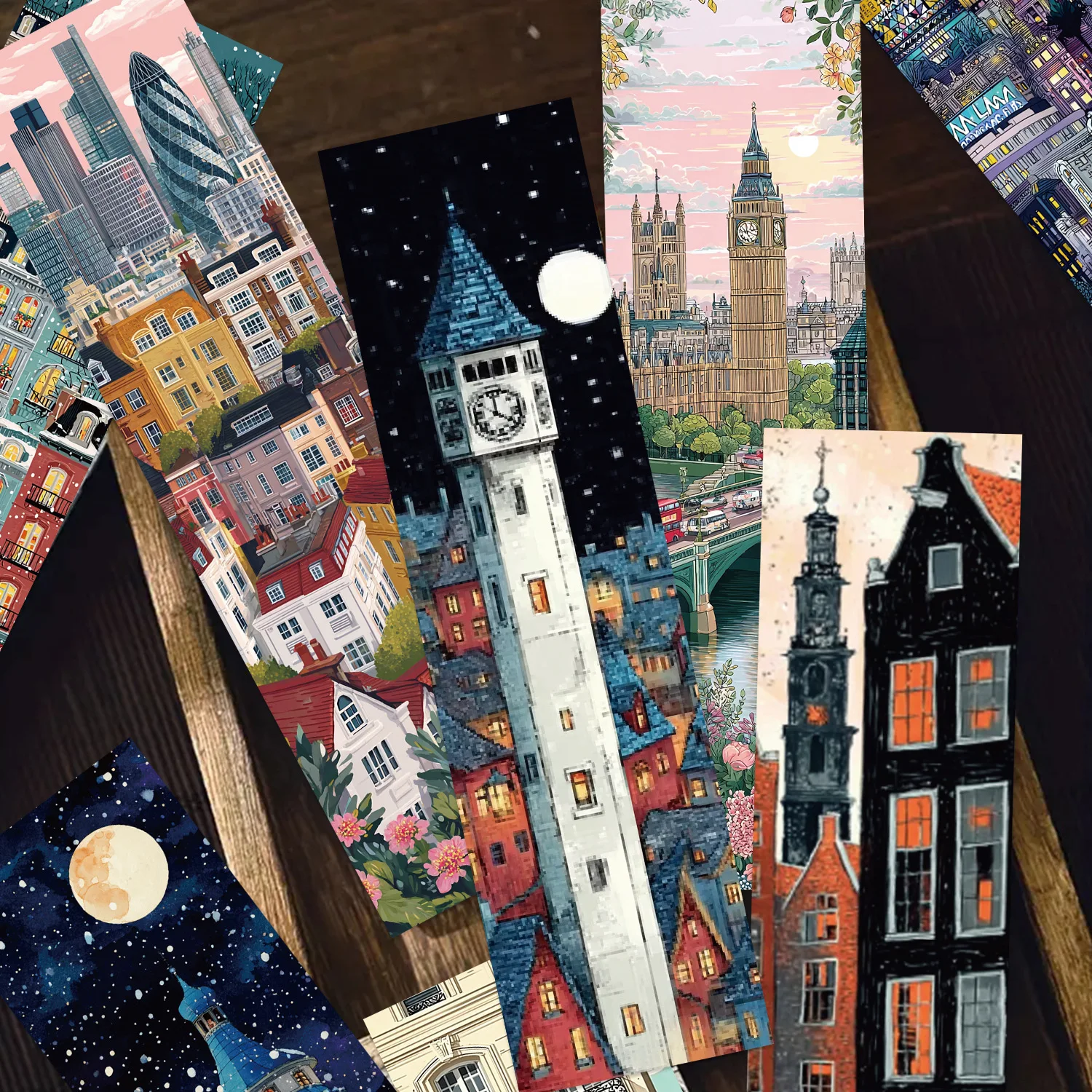 30Pcs/Set City Scenery Paper Bookmarks Vintage Architecture Art Bookmark Gift Set for Book Lover Students Readers Reading Supply