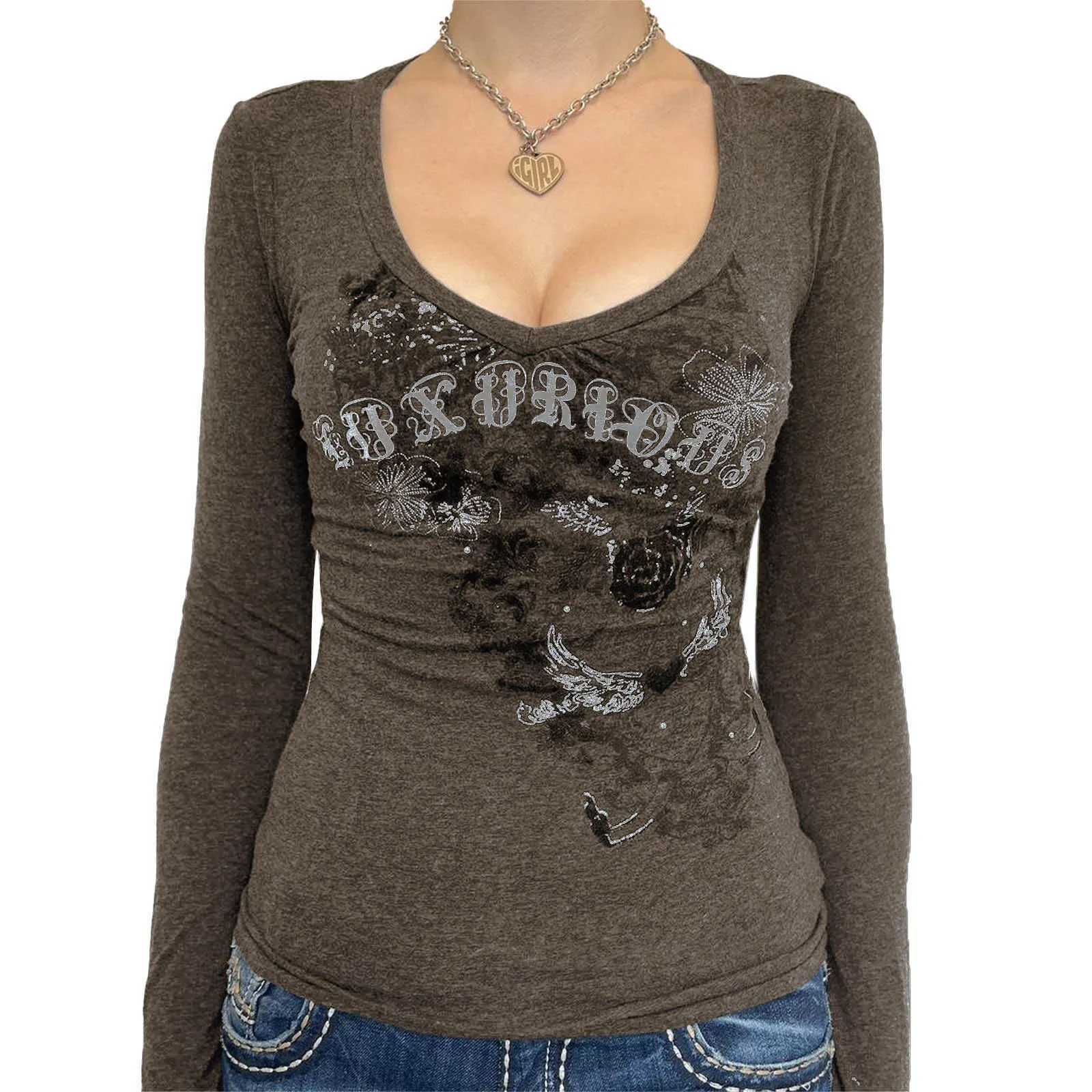 Camiseta Punk con estampado gótico para mujer, Top Y2K ajustado para ir al trabajo, camiseta estampada, ropa interior informal, colección primavera 2026