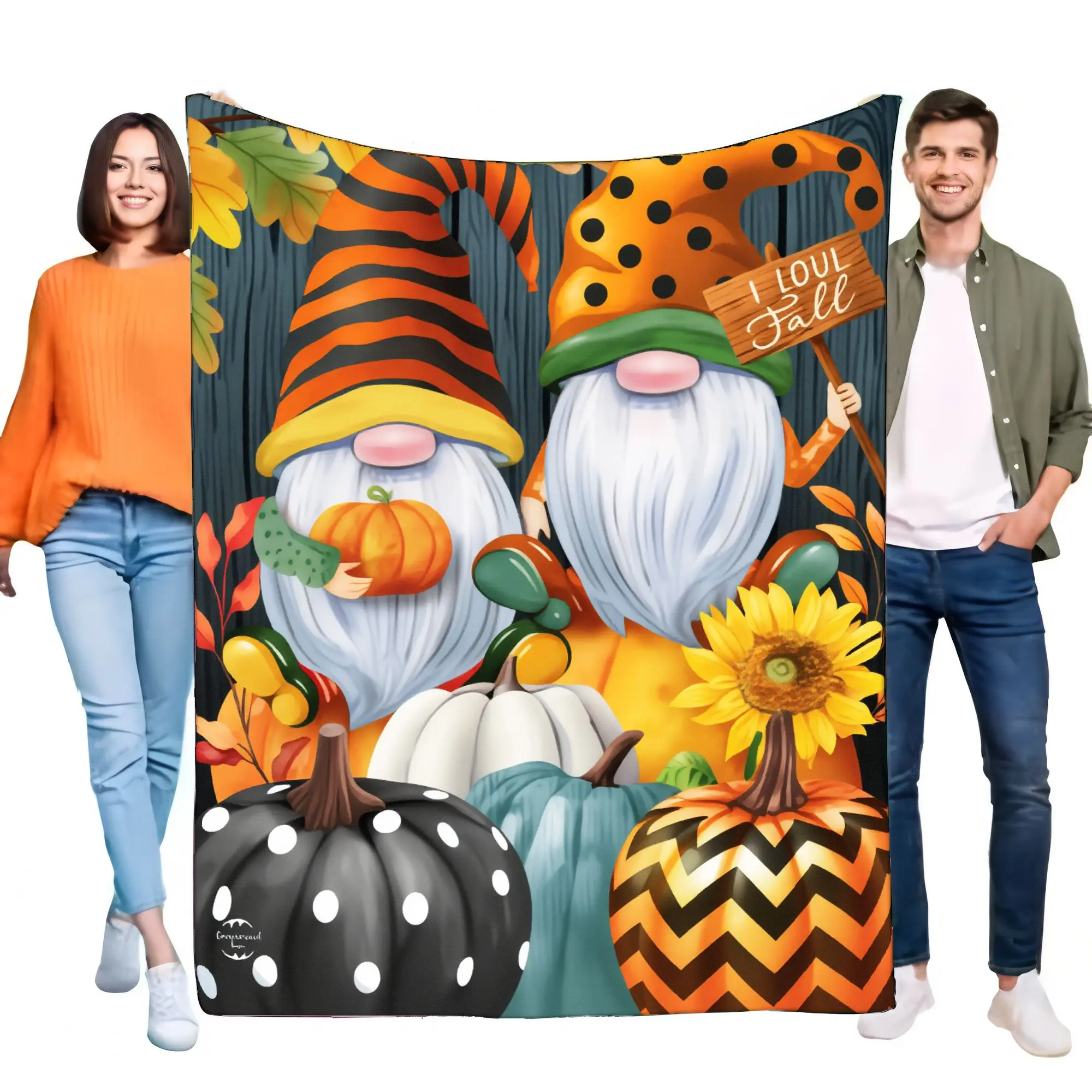 Kleurrijke herfstdeken met grillige kabouters, pompoenontwerpen, herfstbladeren en zonnebloemen, gezellige zachte worp voor thuis december