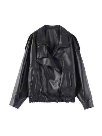 Faux Leather Stand Collar Bomber Jacket Women Locomotive Epaulet Slant Opening Ruched Coats Fashion Autumn Winter Lady Outerwear