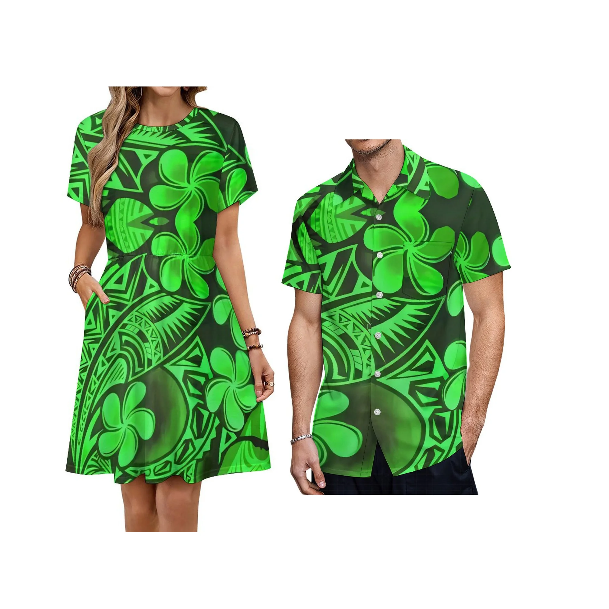 Nieuw ontwerp op maat Hawaii print dame korte mouw ronde hals knielengte galajurk match Aloha heren shirts koppels kleding 2 stuks