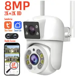 Tuya 8MP WIFI Telecamera IP PTZ Doppia lente Doppio schermo Rilevazione manuale Visione notturna a colori Telecamera di sorveglianza di sicurezza esterna