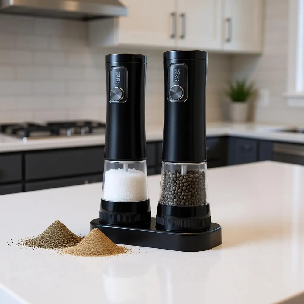 

Automatic Electric Salt and Pepper Grinders with Adjustable Coarseness and Storage Base