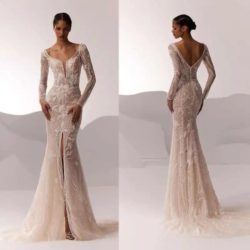 

Изысканное кружевное свадебное платье по индивидуальному заказу, платье русалки с длинными рукавами и аппликацией в форме сердца, новое платье с высоким разрезом и иллюзией