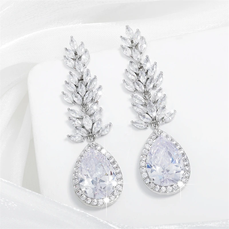 ZAKOL Classic Sliver Color Leaf Crystal Long Bridal Earrings for Women Fashion Water Drop Cubic Zirconia Bridal Wedding Jewelry