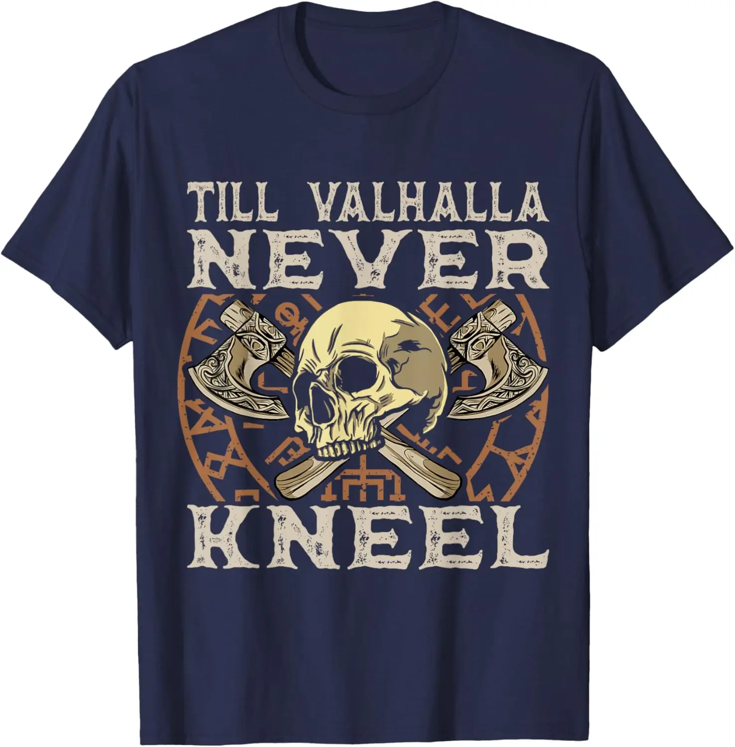 Till Valhalla Never Kneel Nordic Warrior Skull Vegvisir Rune T-Shirt 100% Cotton O-Neck Short Sleeve Summer Casual Mens T-shirt