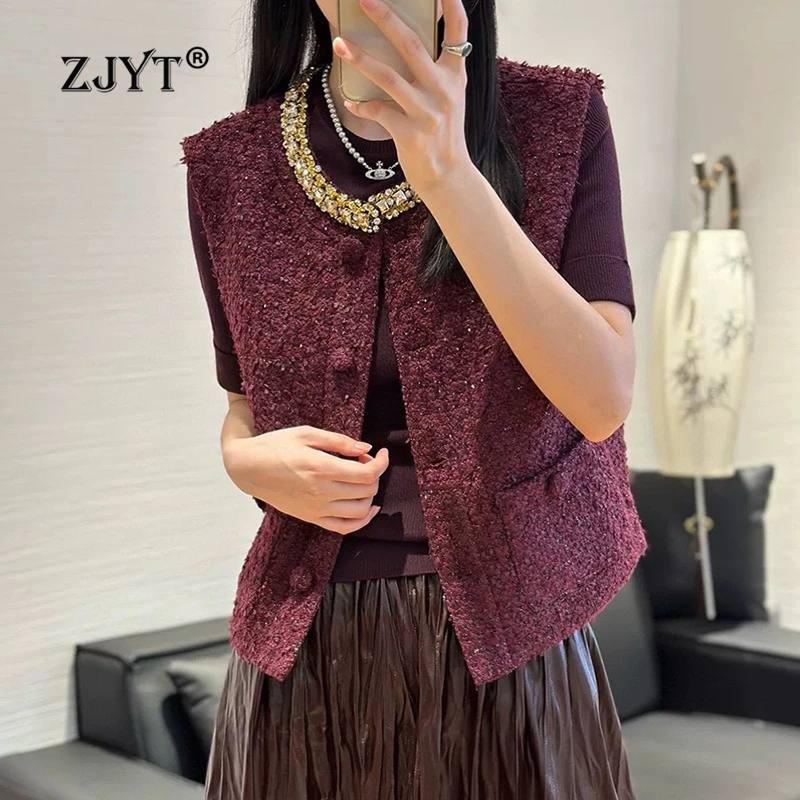 

ZJYT Autumn Winter Women Beading Tweed Woolen Vest Jacket Sleeveless Vintage Tops Elegant Lady Single Breasted Vest Coats Female