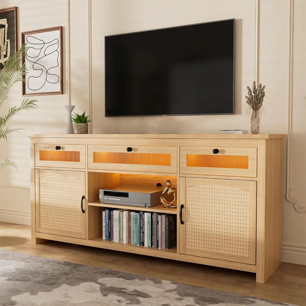 65 Inch LED TV Stand with Entertainment Center, 2 Cabinets and Barn Doors, 59 Inch TV Console with 3 Drawers and Adjustable Feat