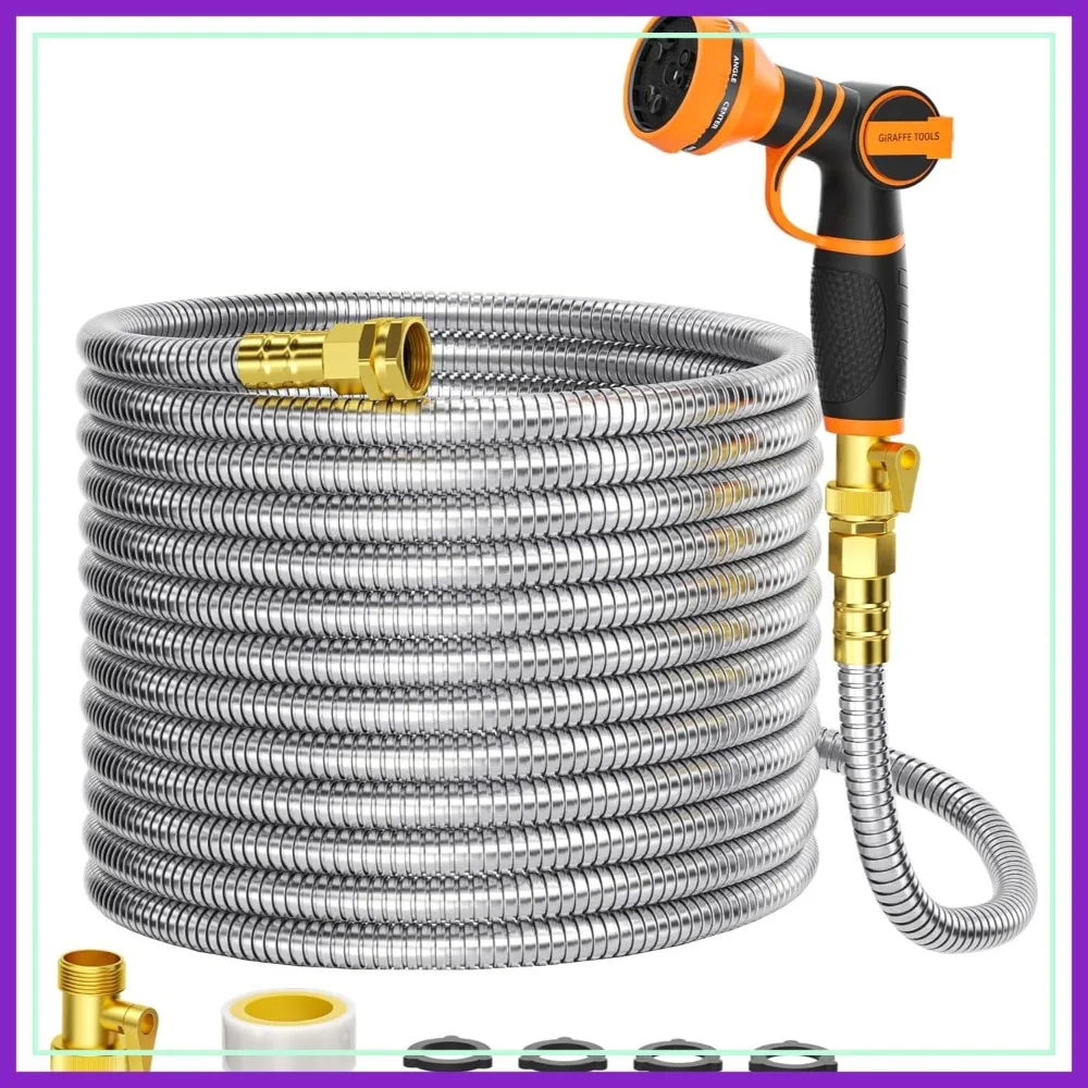 

100ft x 5/8" Stainless Steel Garden Hose, No Kink, Lightweight, Flexible with 9 Pattern Spray Nozzle