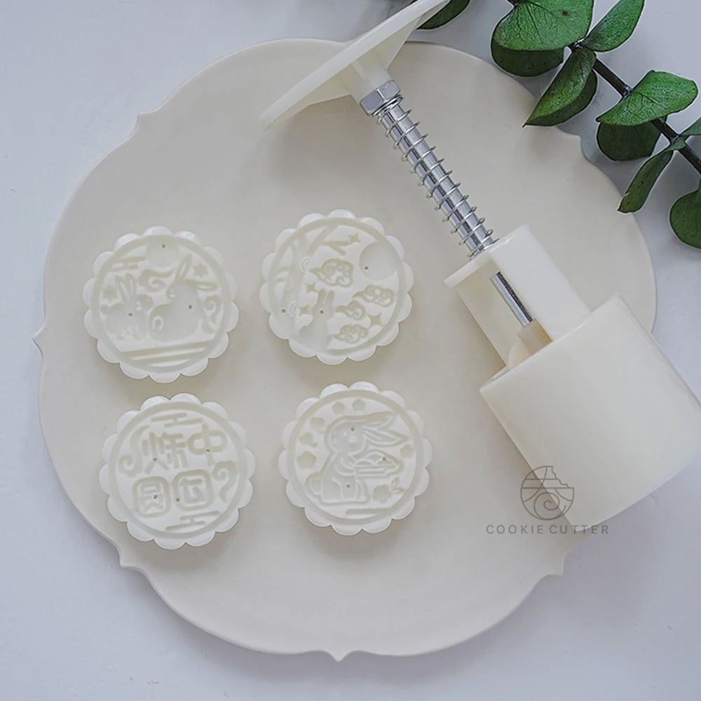 4Pcs/Set 50g Mid-Autumn Festival Mooncake Mould Bunny Moon Pattern Chinese Pastry Mould 3D Hand Pressure Baking Accessories