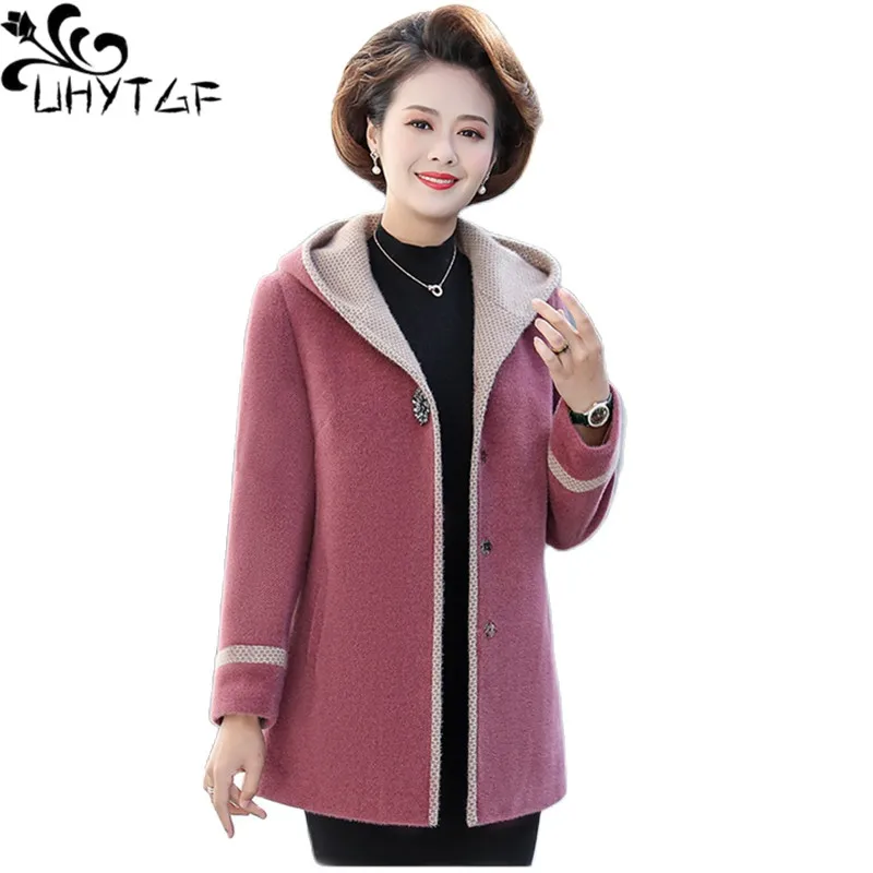 

UHYTGF XL-5XL Jacket Woman Quality Imitation Mink Velvet Autumn Winter Woolen Coat Female Hooded Loose Casual Mom Outerwear 2004