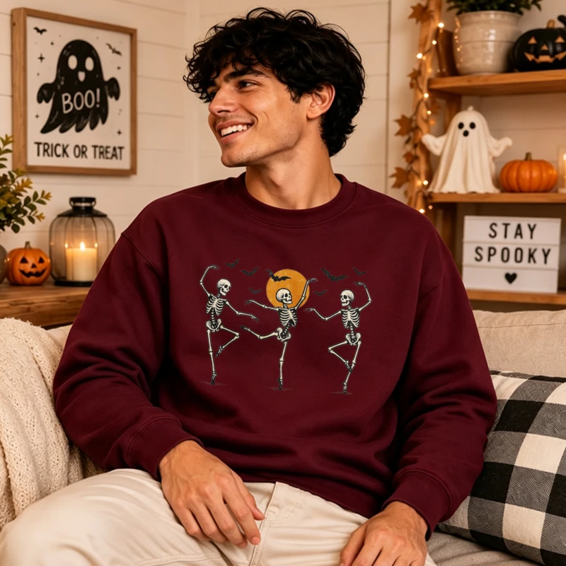 Dancing Skeletons Full Moon Bats Halloween Graphic Print Sweatshirt Women Casual Pullover Top Retro Fall Spooky Sweatshirt Tops