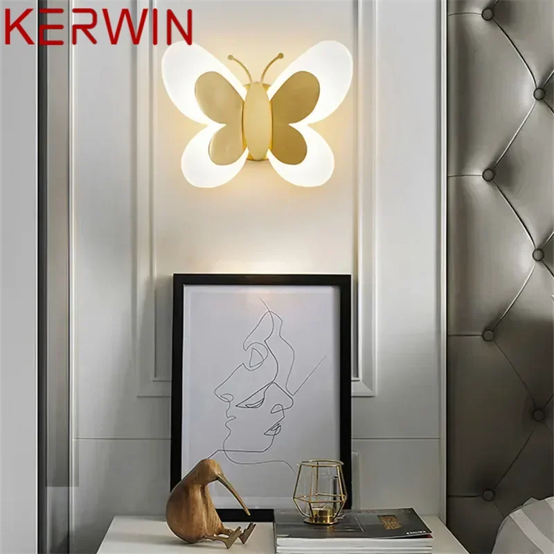 KERWIN Indoor Gold Copper Butterfly Bedside Lighting LED 3 Colors Lifelike Creative Wall Lamp for Home Living Room Decor