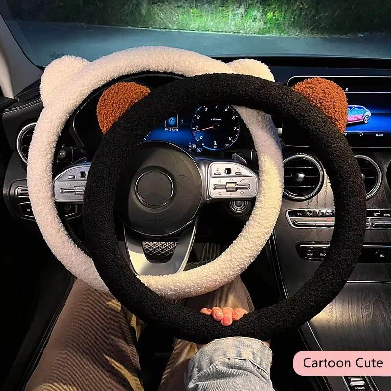New Winter Car Steering Wheel Cover Warm Soft Plush Cartoon Bear Ear Car Interior Accessories 38cm Diameter Car Handble Cover