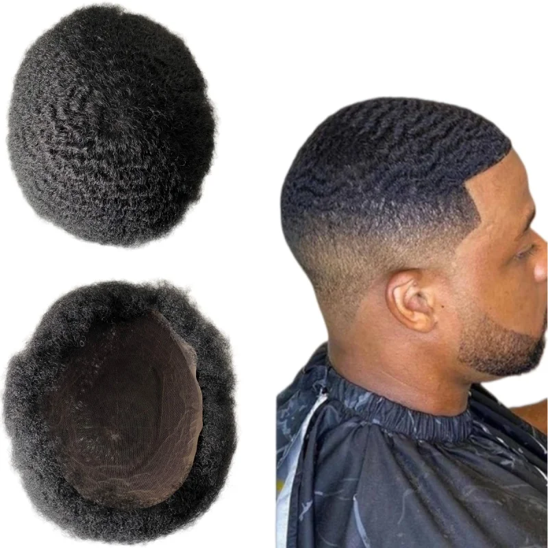 

6 Inch Indian Virgin Human Hair Systems 6mm wave #1 #1b Full Lace Base Toupee 8x10 Size for Black Men
