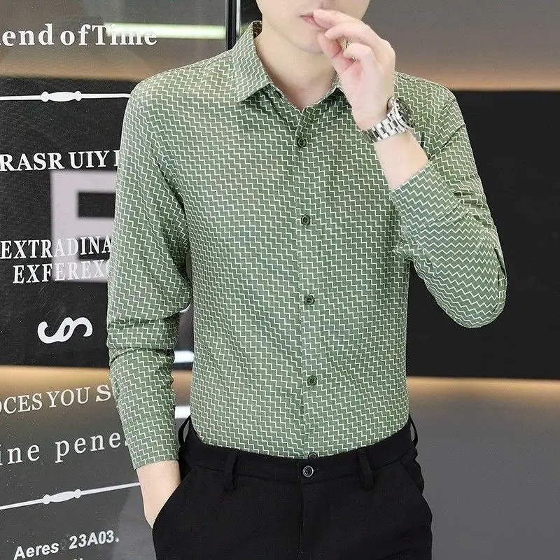Turn-Down COLLAR Slim เสื้อแฟชั่นฤดูใบไม้ผลิฤดูใบไม้ร่วงธุรกิจเสื้อผ้าผู้ชาย Single-breasted เสื้อแขนยาวเกาหลีใหม่