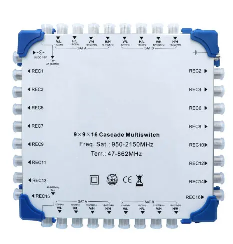 

SH9916 9x9x16 Satellite Multiswitch 8 satellite IF and 1 Terrestrial TV inputs 9 SAT Input 16 Output TV Multiswitch Cascadeable