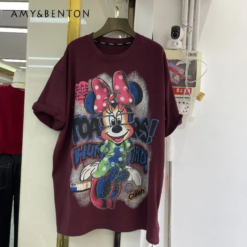 

Heavy Industry Cartoon Rhinestone Cotton Round Neck Short Sleeved T-shirt Pullover Loose Oversized Top Ladies Autumn Winter Tees