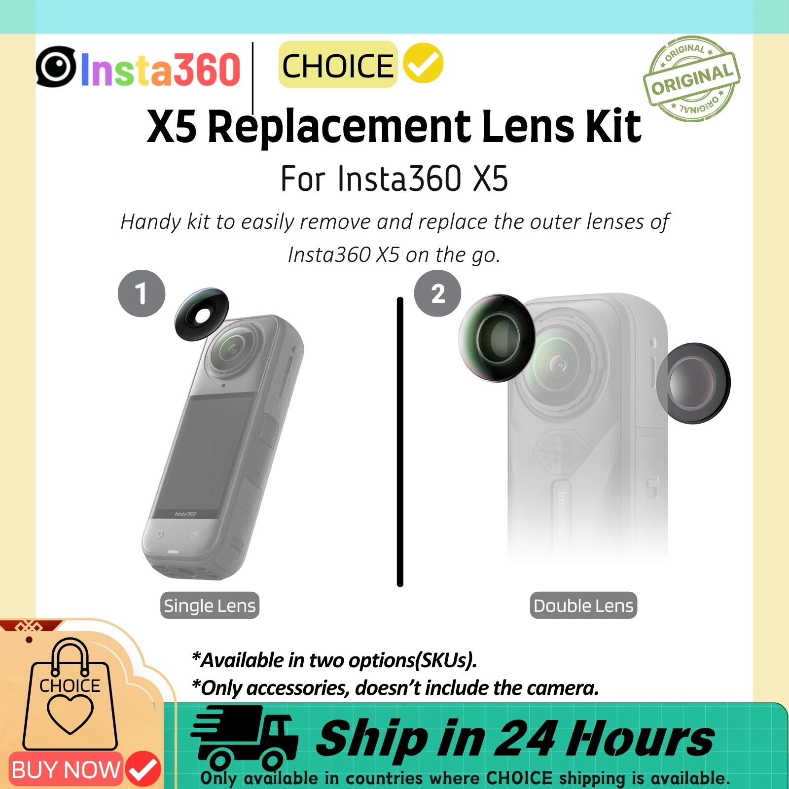 Kit Di Lenti Di Ricambio Per Insta360 X5 – Obiettivo HD Intercambiabile, Anello In Alluminio E Strumento Di Rimozione (argento, 2 Lenti)