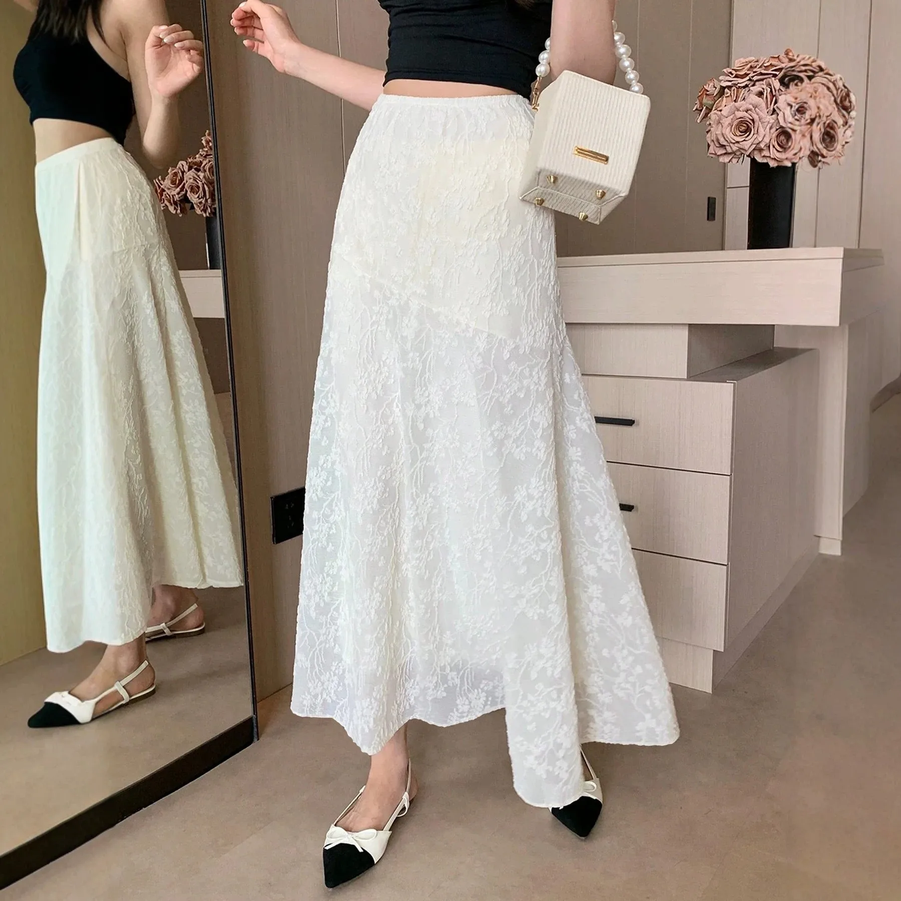 Women's Long French Style Lace Jacquard Solid Color Crochet Casual Midi Skirt for Women High Waist Elegant Female Clothing