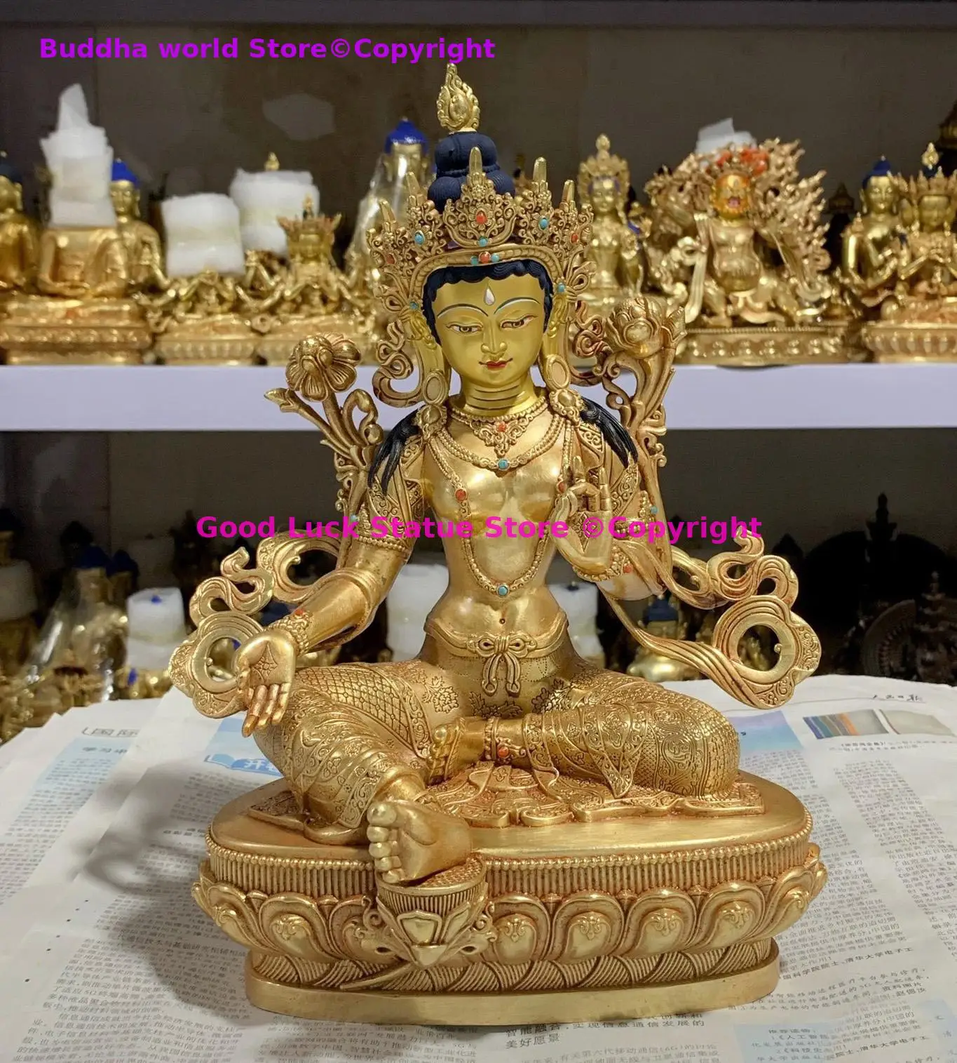 30CM large 5A GOOD Buddhist supplies Temple buddha statue Buddhism Green Tara Guanyin all-powerful buddha Gold plating copper