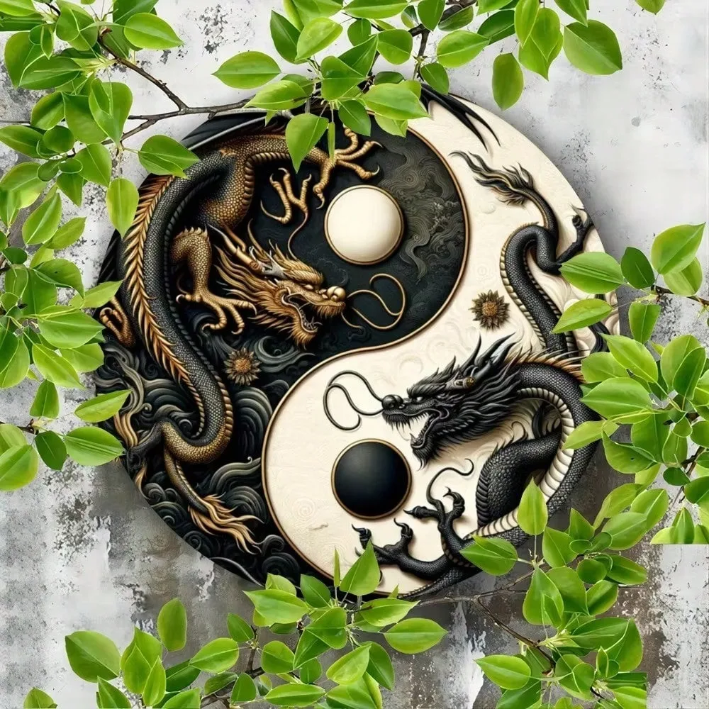 Yin-Yang Dragon Metal Wall Art Chinese Black White Home Office Decor Sign