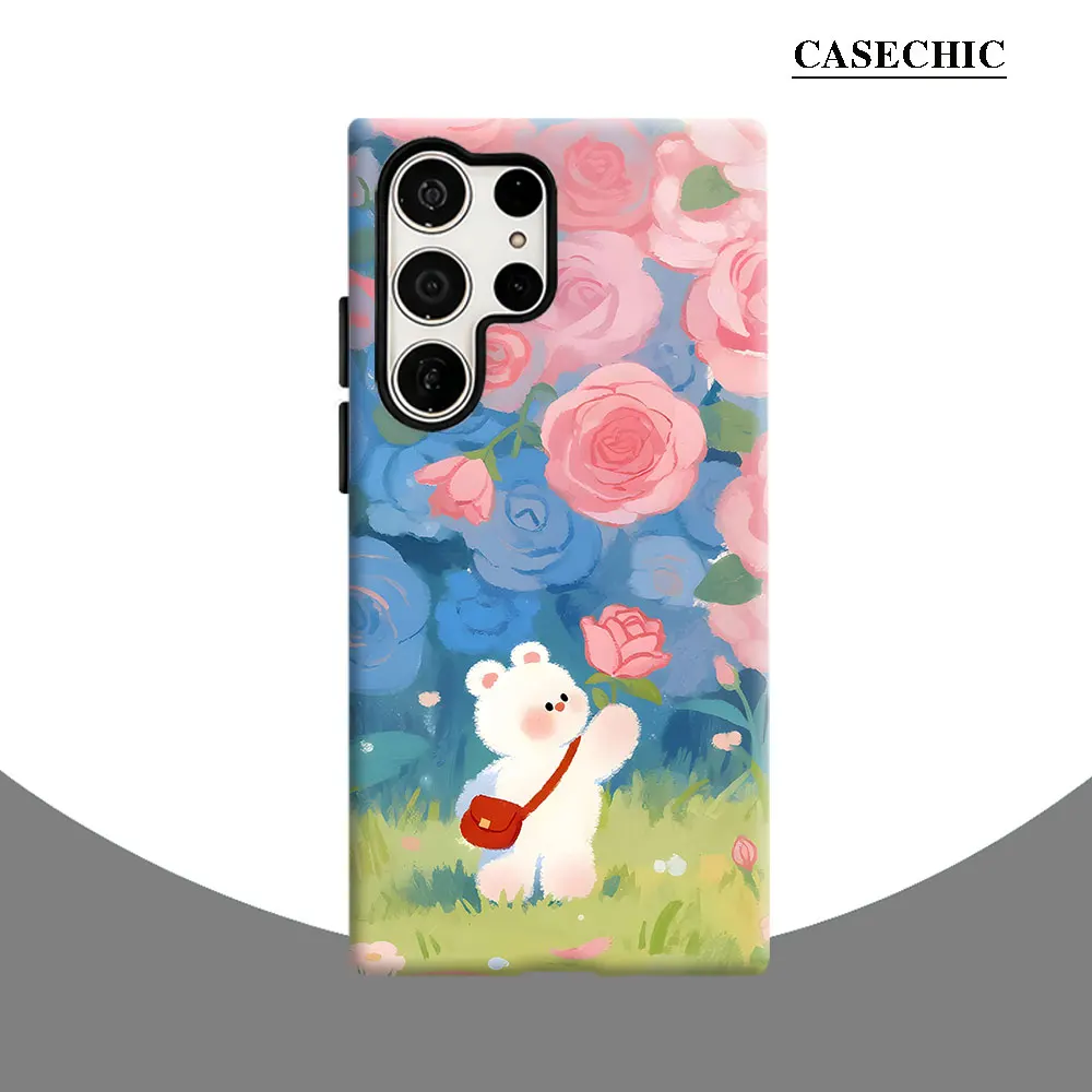 Bear in Rose Garden Phone Case for Samsung Galaxy S26 S25 Ultra S24 S23 Ultra Plus Shockproof Double layer tough Back Cover