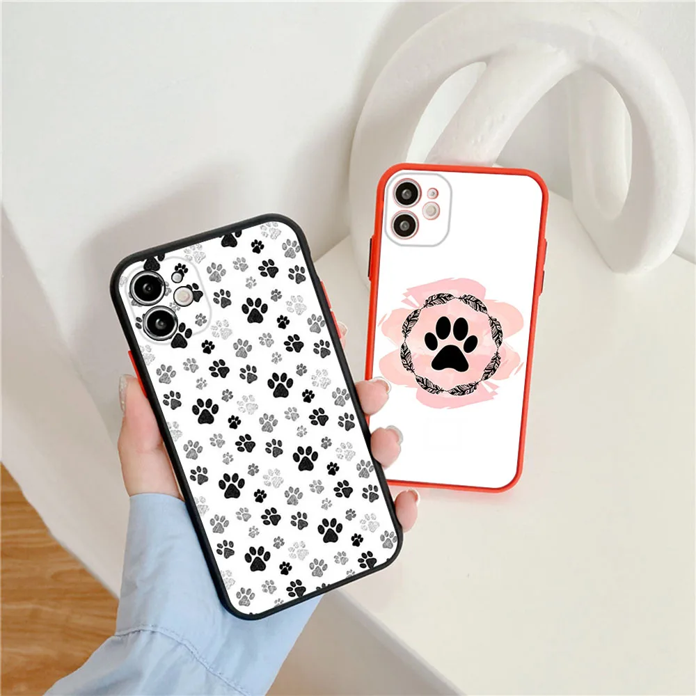 Matte Phone Case for iphone 14 15 Pro XS Max 13 8 7 6S Plus 12 11 XR X SE Cute Black Dog Paw Print Translucent Case Funda Shell