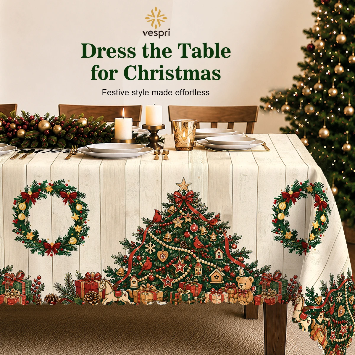 Nativity Tablecloth with Trees, Snowmen & Nativity for Indoor/Outdoor Camping decor, Rectangular/Round/Oval