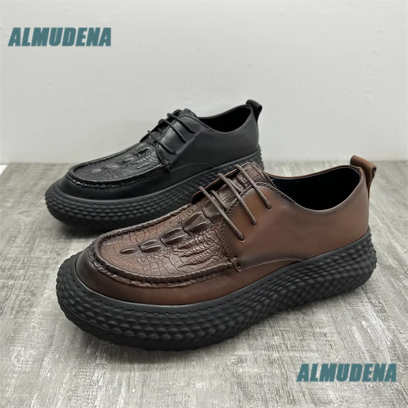 Men's Vintage Crocodile Embossed Leather Casual Shoes Lace-Up Thick Textured Platform Sole Males Shoes Autumn Men's Shoes