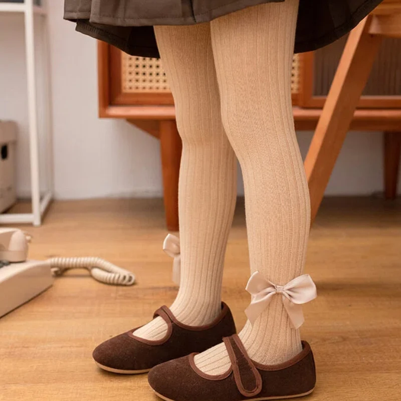 Cute Toddler Little Girls Vertical Striped Footed Tights With Satin Ribbon Bow Decor Soft Elastic Skin-Friendly Sweet Pantyhose