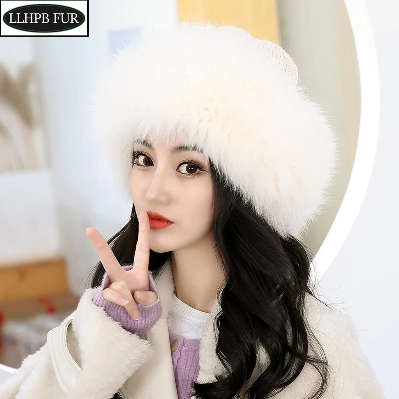 

Winter Real Fur Hats Women Natural Fox Fur Fuffy Warm Fashion Stylish Fedoras Knitted Fox fur hat Girl Fox Fur Caps