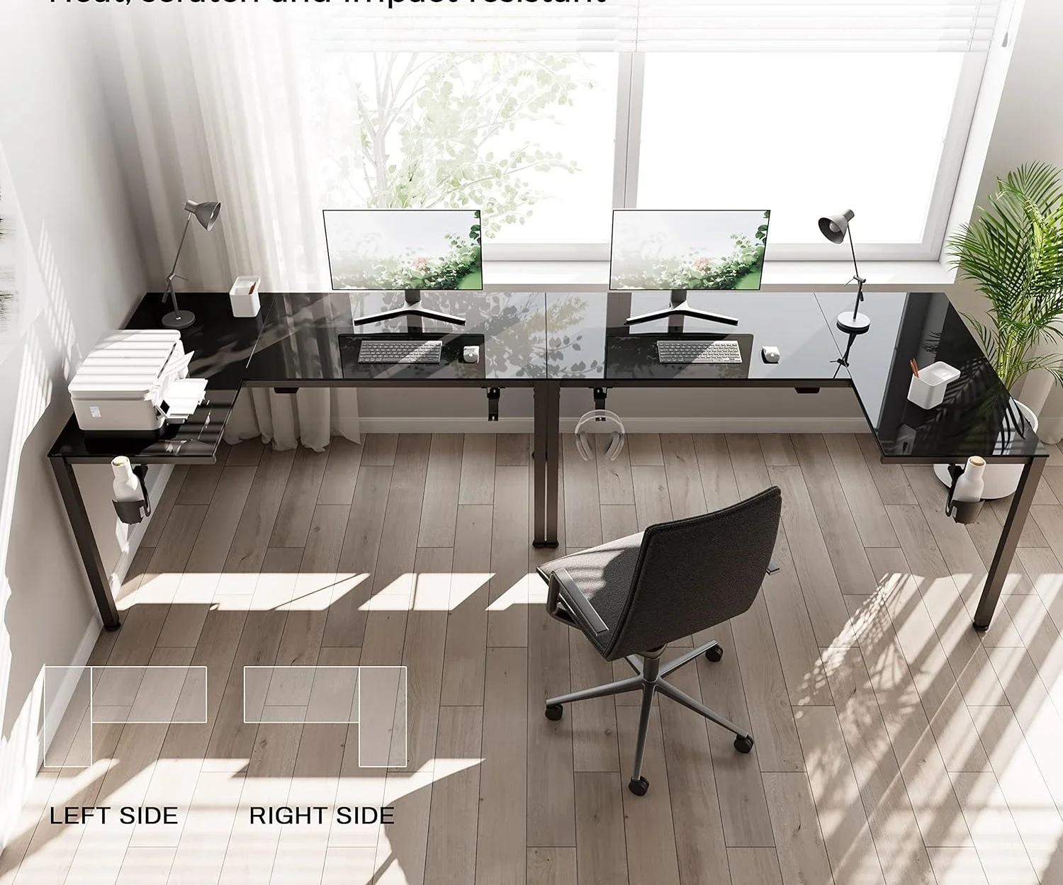 ERGONOMIC Music Sensing RGB LED Lights Glass Gaming Desk, 60 Inch L Shaped Reversible Top