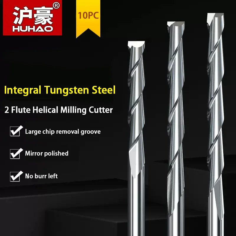 HUHAO 10pcs/lot Shank 3.175mm 2 Flute Spiral Router Bit for Wood CNC End Mill Tungsten Carbide PCB Milling Cutter