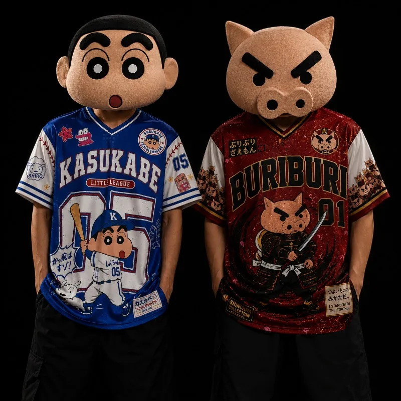 2Pcs Cartoon Samurai Baseball Jersey Set, V Neck All Over Print Mesh Short Sleeve Uniform, Unisex Streetwear Sports Tee